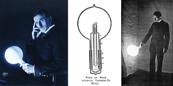 Nikola Tesla mit seiner drahtlosen Glühlampe