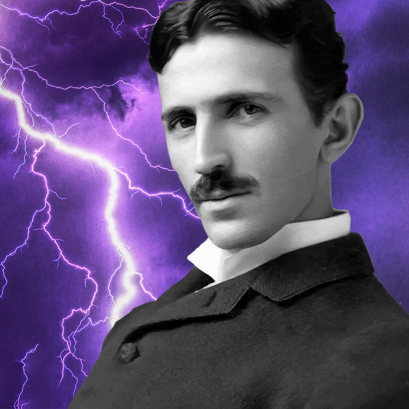 Porträt von Nikola Tesla mit Blitzen  
