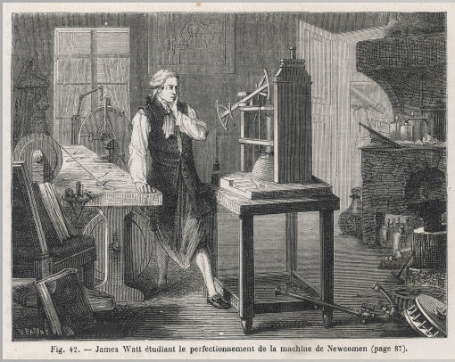 James Watt steht vor seiner Dampfmaschine